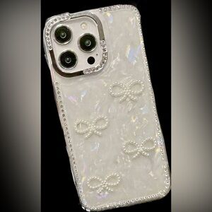 White Pearl Bow iPhone #15 Case with Crystal Accents
